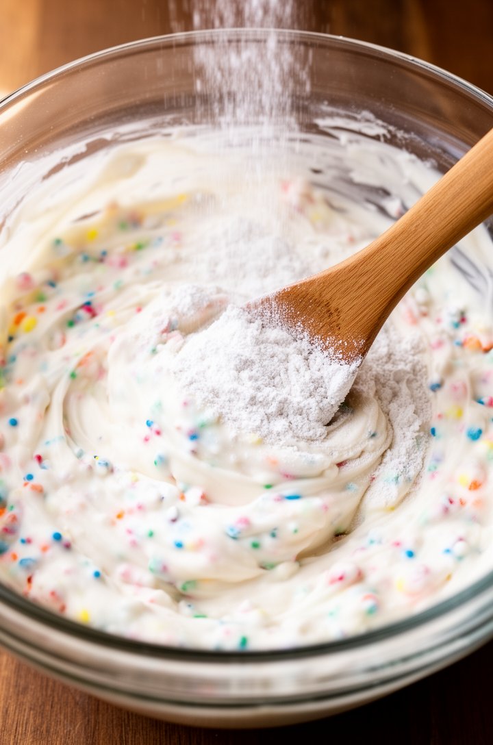 Tight overhead shot of a wooden spoon stirring thick funfetti dip in a glass mixing bowl, the dip is creamy white with colorful sprinkle flecks throughout from the cake mix, a stream of dry cake mix p