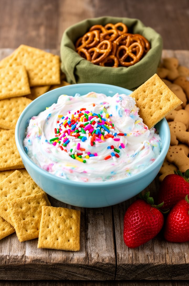 Beauty shot of finished funfetti dip in a light blue ceramic bowl on an aged wooden board, dip is fluffy and swirled with generous rainbow sprinkles scattered across the surface, surrounded by an arra