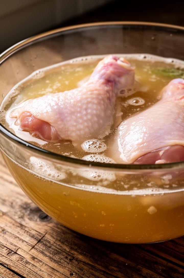 Close-up 45-degree angle of chicken thighs submerging in a golden beer brine in a large glass bowl, salt crystals dissolving, pale lager bubbles visible on the surface of the liquid, raw chicken skin 
