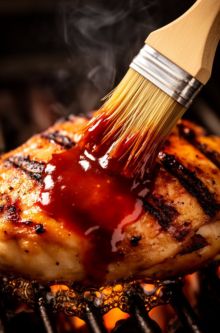 Extreme close-up macro of a pastry brush basting thick red-brown BBQ sauce onto a grilled chicken thigh over direct grill heat, sauce glistening and slightly bubbling at the edges, visible char marks 