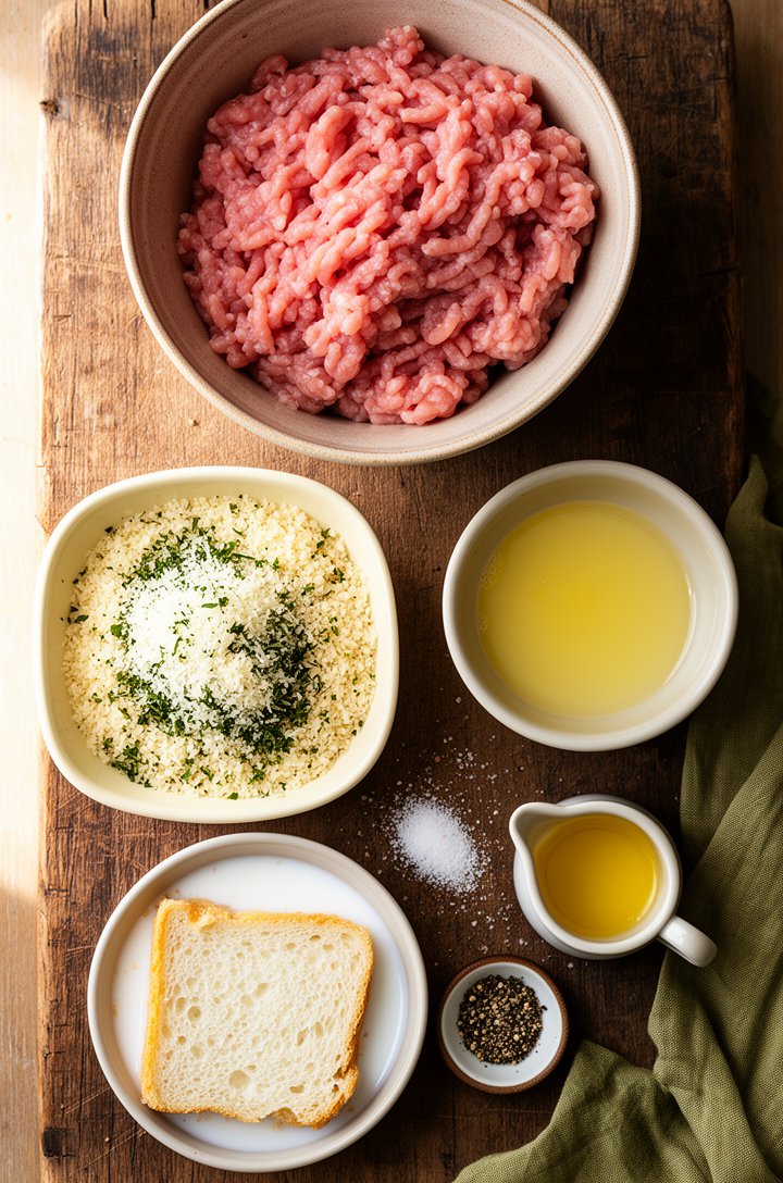 Overhead flat-lay mise en place of homemade chicken nugget ingredients on an aged wooden board — a bowl of raw ground chicken, a small butter-cream ceramic dish of Panko breadcrumbs mixed with grated 
