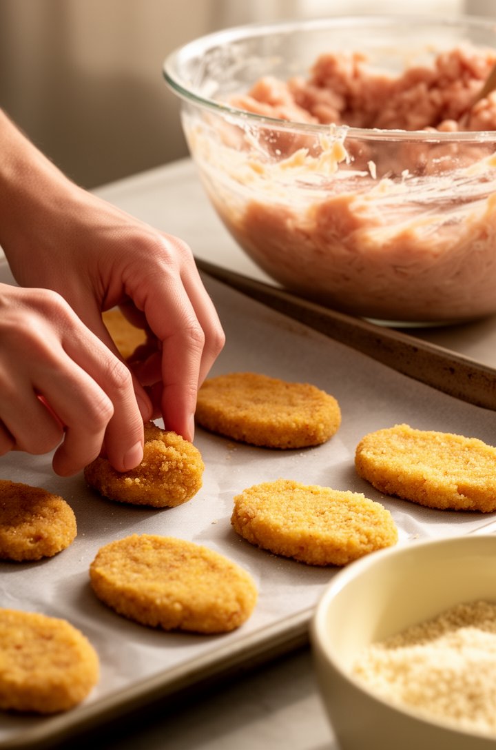 Close-up 30-degree angle of hands forming chicken nugget mixture into flat oval shapes on a parchment-lined baking sheet, several already formed nuggets visible in rows, raw chicken mixture in a large
