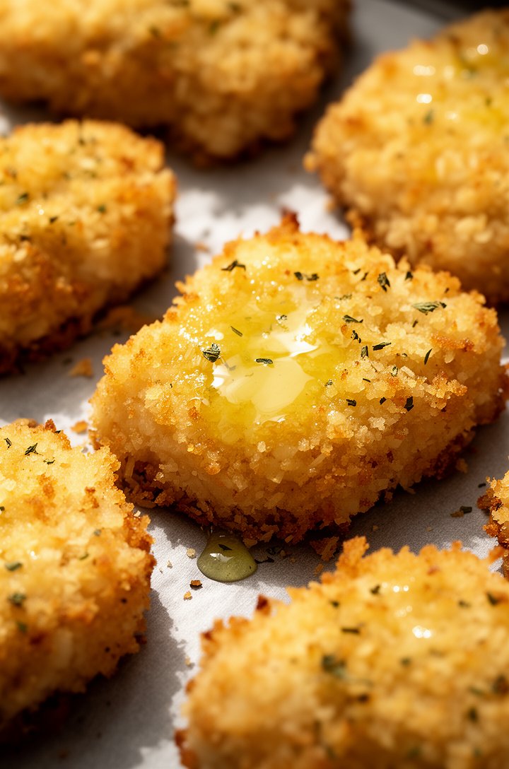 Extreme close-up macro of chicken nuggets on a parchment-lined baking sheet ready to go into the oven, tops glistening with brushed melted butter, Panko coating clearly visible with golden Parmesan fl