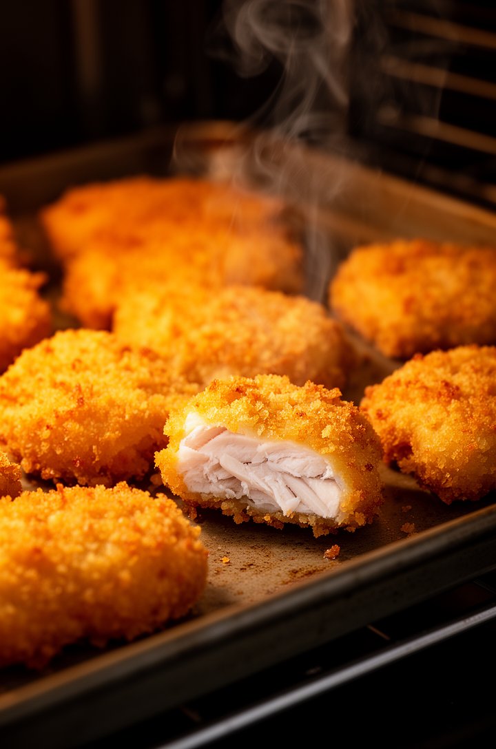 Close-up side angle of golden-brown baked chicken nuggets being removed from the oven on a baking sheet, deep golden Panko crust with visible crispy texture, one nugget broken in half showing tender w