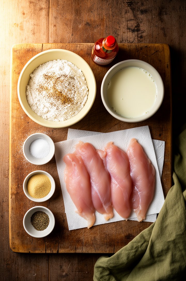 Overhead flat-lay of mise en place for homemade chicken tenders on an aged wooden cutting board — a shallow butter-cream ceramic bowl of seasoned flour, a second bowl of pale buttermilk-egg mixture, r