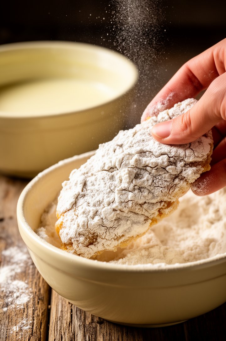 Close-up 30-degree angle of chicken tenders mid-dredge — one tender coated in thick, shaggy seasoned flour with visible craggy texture, fingers pressing flour firmly into the surface, second bowl of b