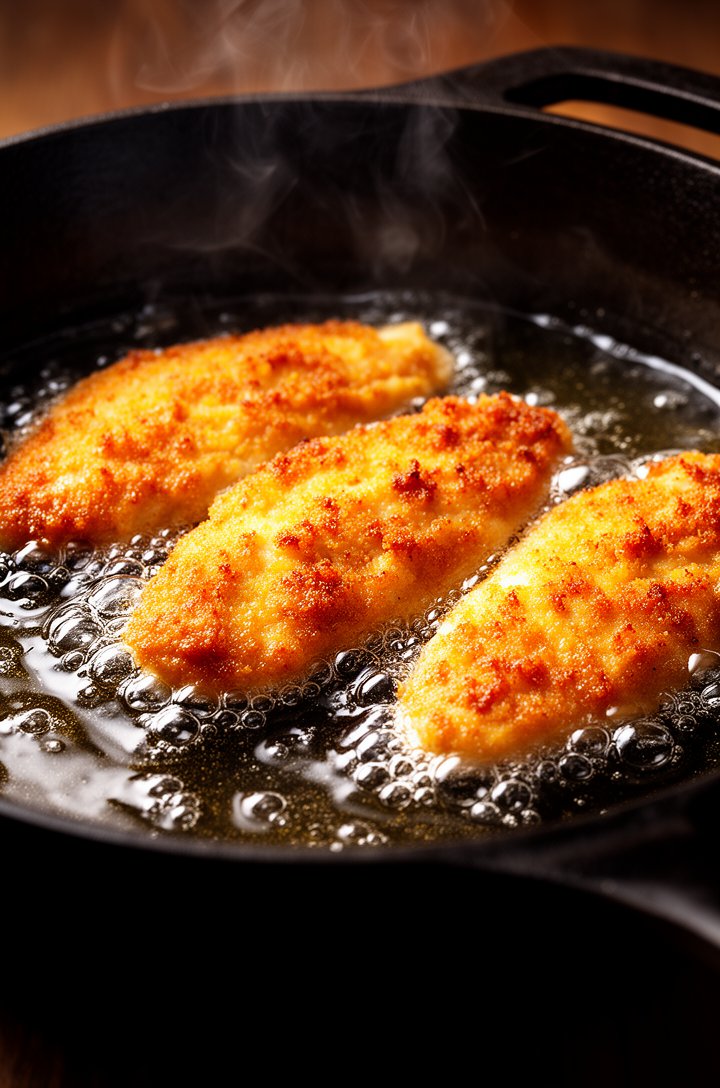 Dramatic side-angle close-up of golden-brown chicken tenders frying in a cast iron dutch oven, oil bubbling vigorously around three tenders with deep amber crust forming, small bubbles and wisps of st