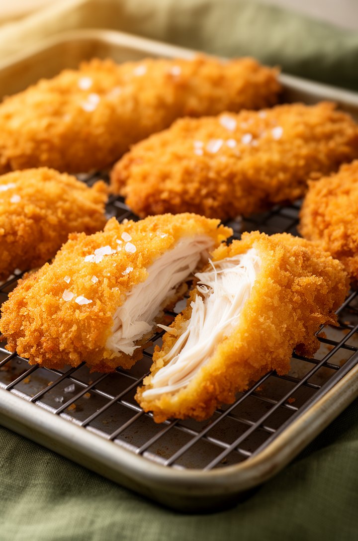 Close-up of finished golden homemade chicken tenders resting on a wire rack over a rimmed baking sheet, one tender broken in half showing juicy white interior against the thick craggy golden crust, sc