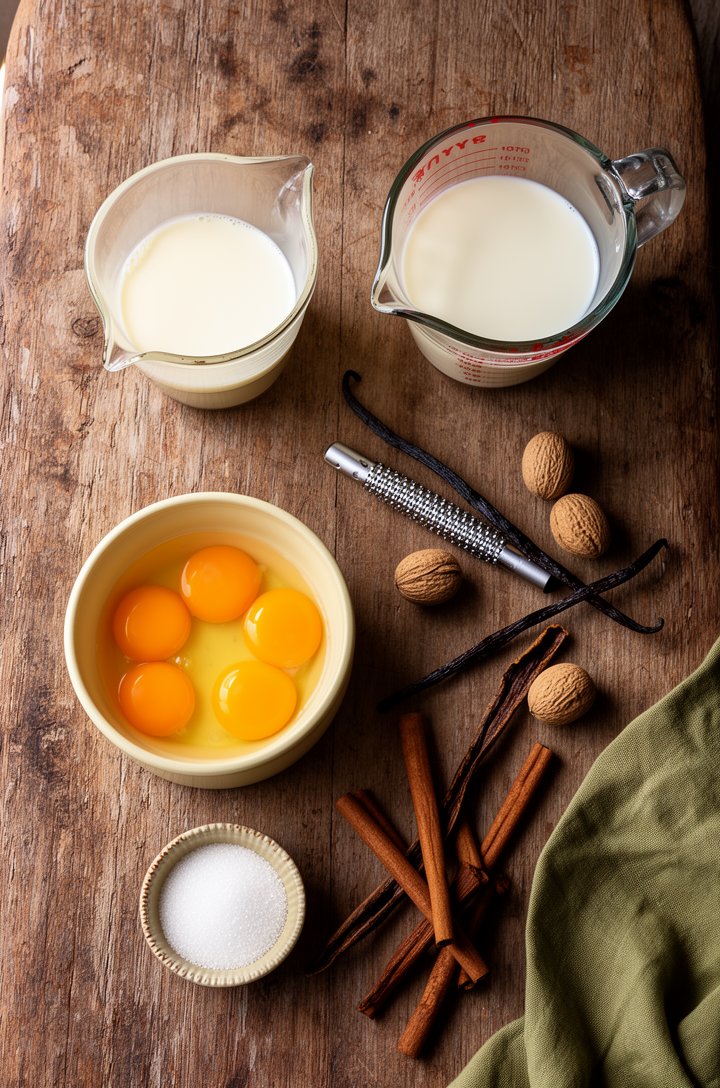 Overhead flat-lay on an aged wooden board of eggnog mise en place — six bright orange egg yolks in a small butter-cream ceramic bowl, a glass measuring cup of whole milk, a small pitcher of heavy crea