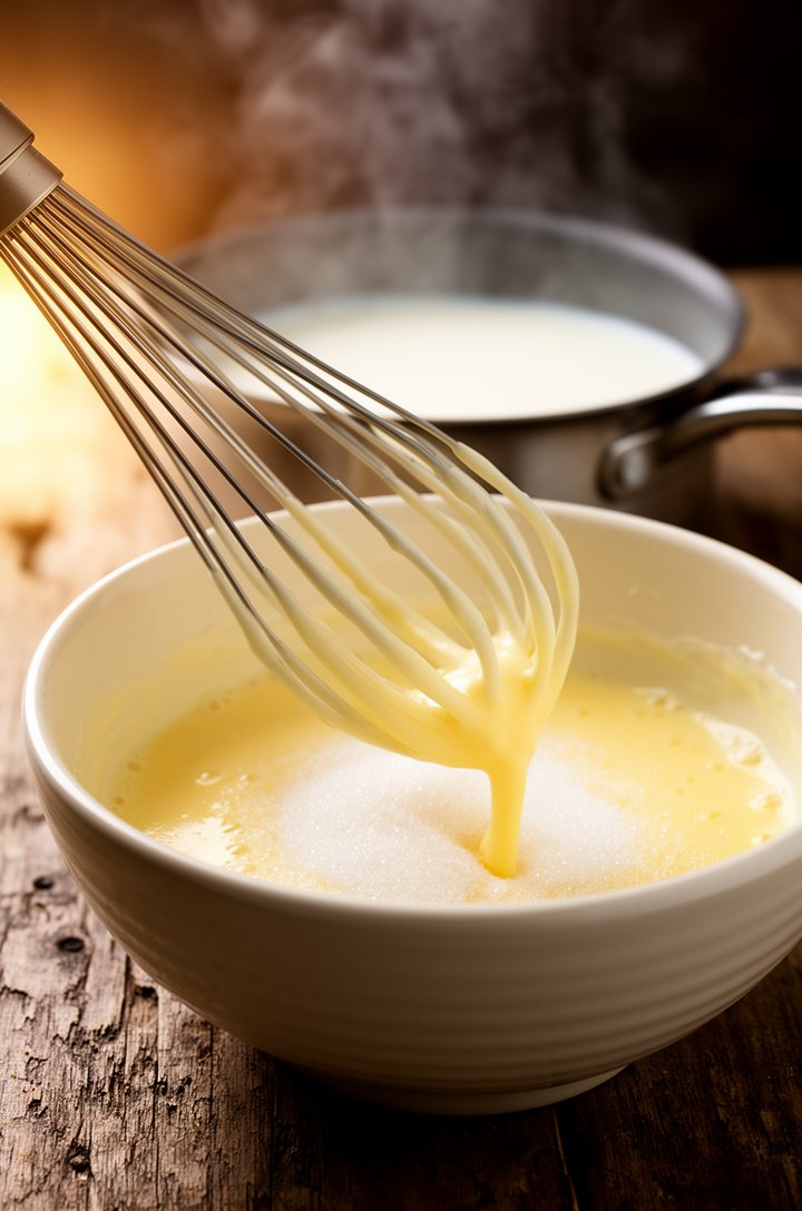 Close-up 30-degree angle of a whisk mixing pale yellow egg yolk and sugar mixture in a butter-cream ceramic bowl, the mixture ribboning off the whisk in a thick pale stream, a saucepan of steaming mil