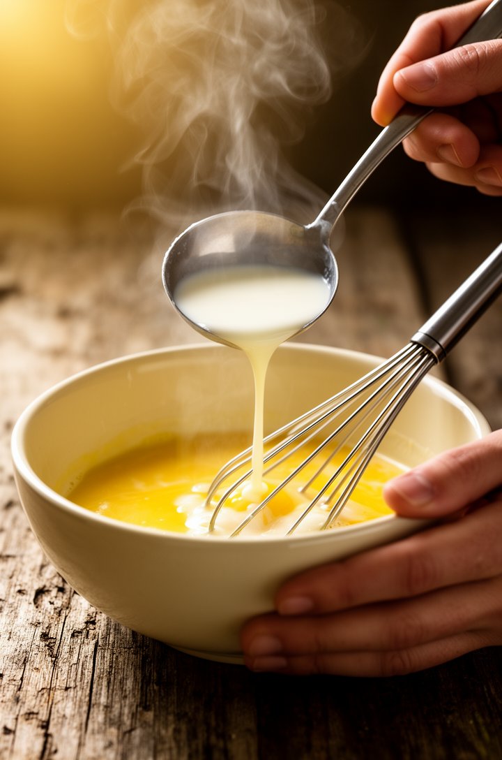 Medium close-up of hot milk being ladled spoonful by spoonful into the egg yolk mixture, visible steam rising from the spoon, one hand holding the bowl steady while the other pours, whisk resting in t