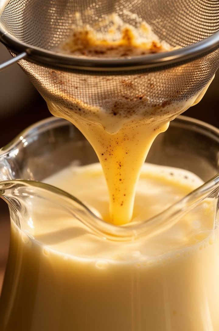Extreme close-up macro of the finished eggnog being poured through a fine-mesh strainer into a glass pitcher, the liquid smooth and pale gold, tiny specks of nutmeg visible in the stream, the strainer