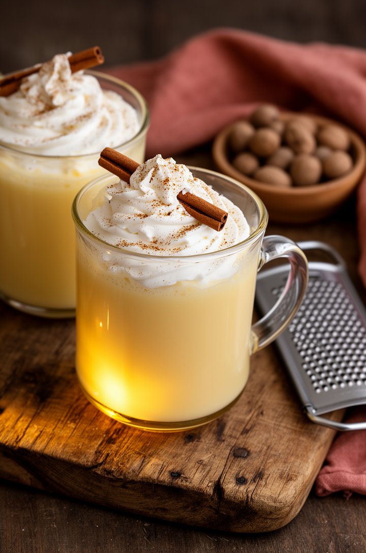 Beauty shot close-up of two glass mugs of chilled homemade eggnog on an aged wooden board, topped with generous swirls of fresh whipped cream and cinnamon sticks, freshly grated nutmeg dusted over the