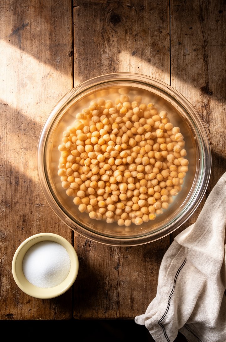 Overhead flat-lay of dried chickpeas soaking in a large clear glass bowl of water on an aged wooden kitchen counter, chickpeas visibly plump and tripled in size, a small butter-cream ceramic bowl of b