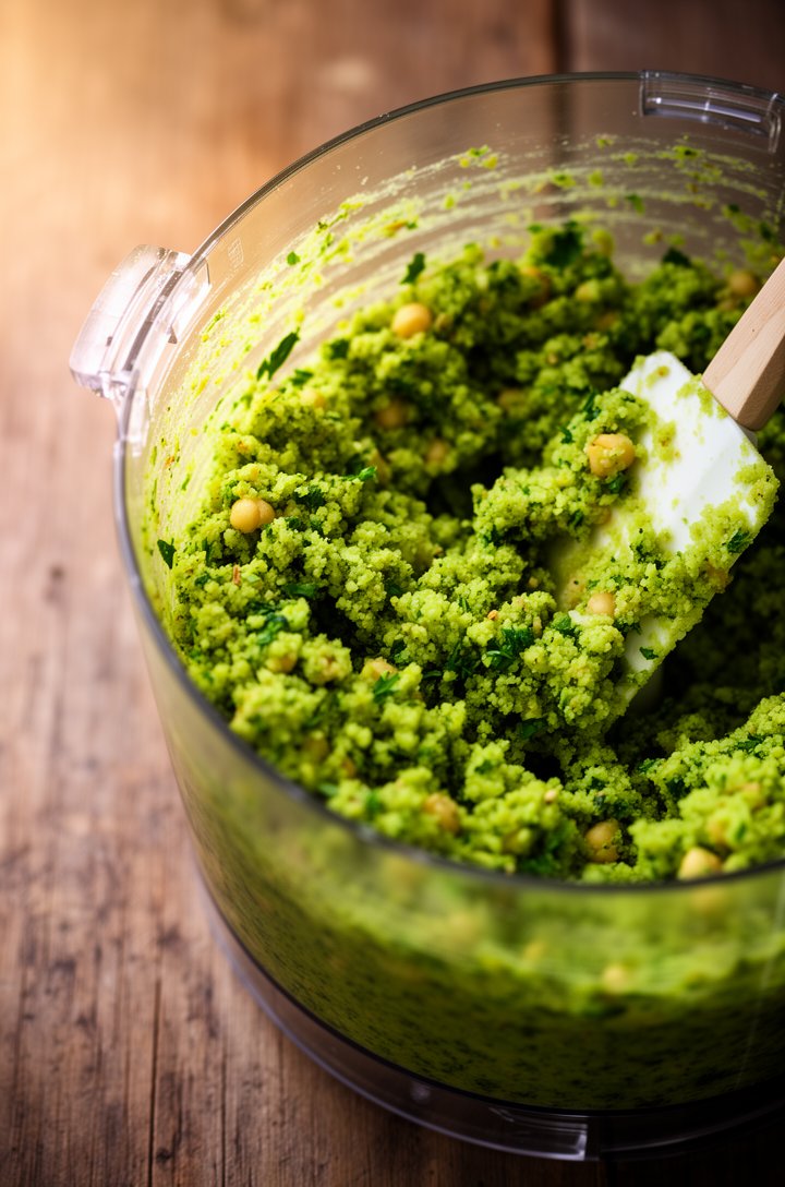 Close-up 45-degree angle of a food processor bowl filled with coarsely ground bright green falafel mixture showing visible flecks of parsley cilantro and chickpea pieces, a spatula resting on the edge