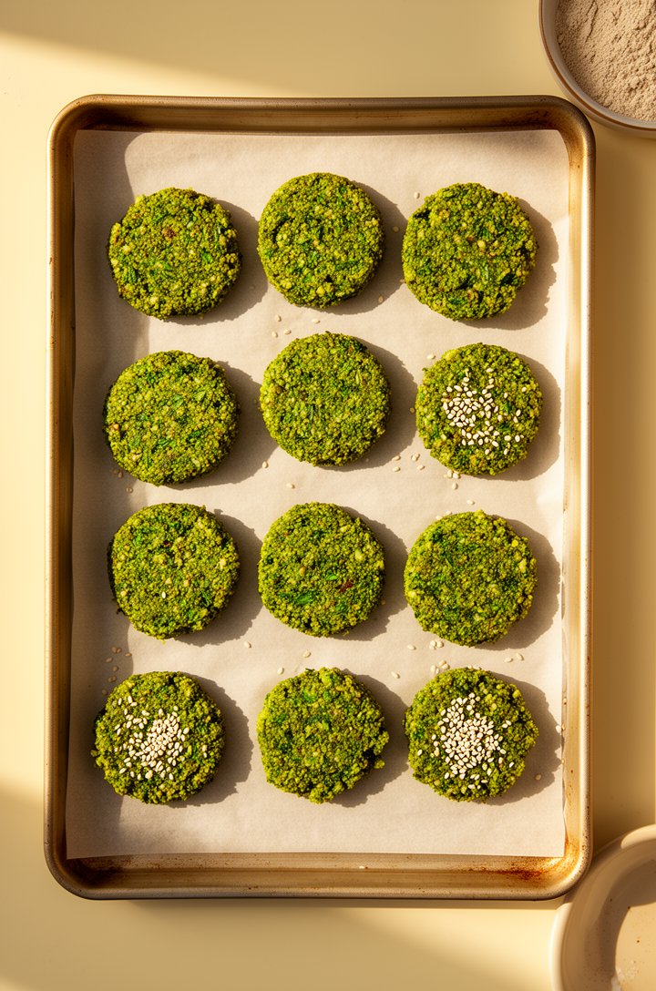 Overhead shot of twelve raw falafel balls neatly arranged on a parchment-lined sheet pan, each slightly flattened into thick discs showing the bright green herb-flecked mixture, some scattered sesame 