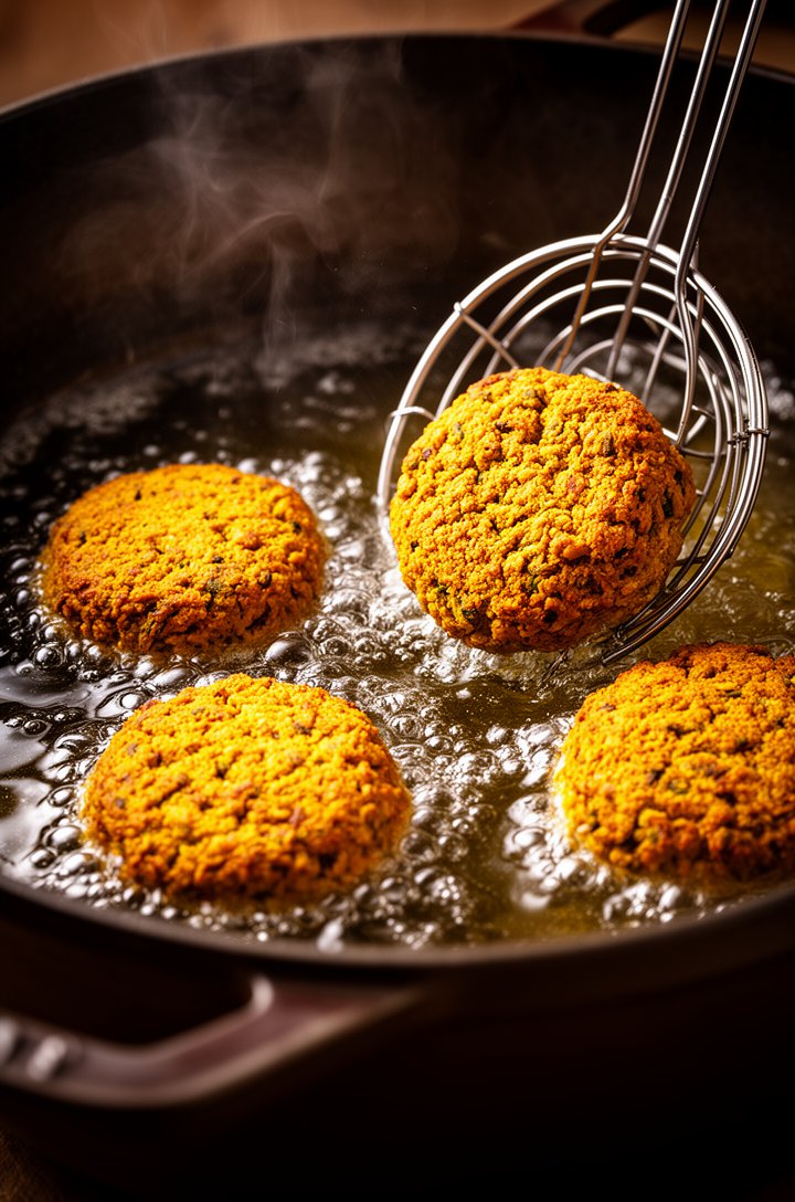 Close-up side angle of four golden-brown falafel frying in bubbling oil in a heavy dark Dutch oven, oil actively sizzling around them, falafel deep amber-gold with craggy textured crusts, a spider str