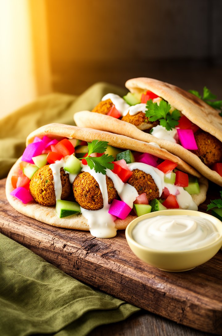 Beauty shot at 30-degree angle of assembled falafel pita wraps on an aged wooden board, warm pita stuffed with crispy golden falafel balls, white tahini sauce drizzled over, diced red tomatoes and gre