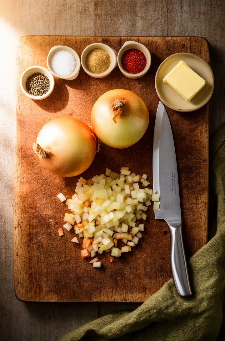 Overhead shot of three medium yellow onions on an aged wooden cutting board, one already diced into small pieces, a chef's knife beside them, small butter-cream ceramic pinch bowls of salt, black pepp