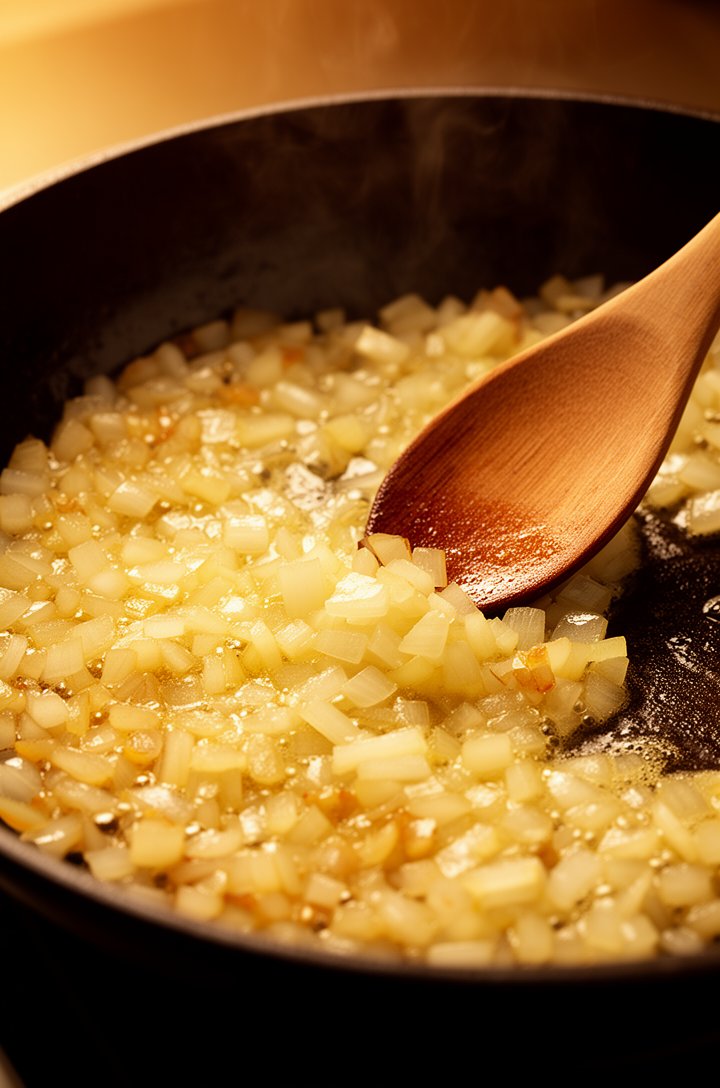 Close-up 30-degree angle of diced onions cooking in a dark skillet with melted butter, onions at the halfway point of caramelization — mixture of translucent and light golden pieces with visible butte
