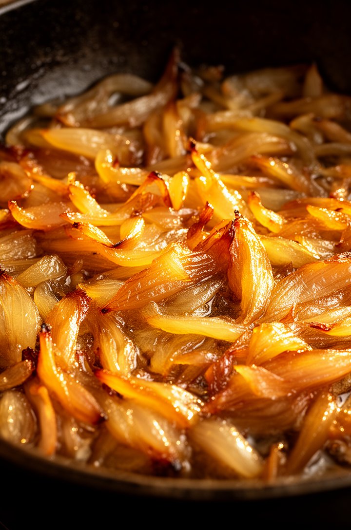 Extreme close-up macro shot of deeply caramelized golden-brown onions in a dark skillet, jammy and glossy with rich amber color, individual onion pieces visible and glistening with butter, shot from 6