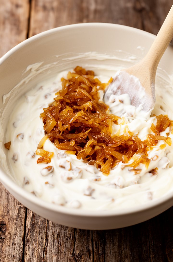 Close-up angled shot of creamy white dairy base in a butter-cream ceramic mixing bowl with golden-brown caramelized onions being folded in with a spatula, visible contrast between the white cream and 