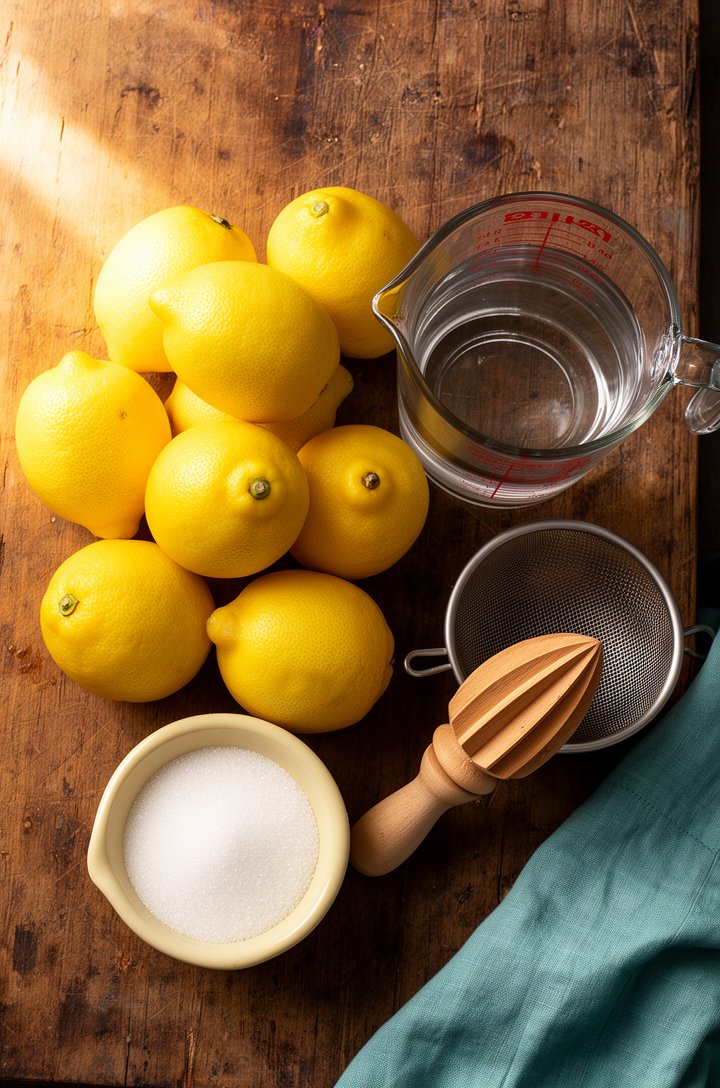 Overhead flat-lay of lemonade ingredients arranged on an aged wooden board — a pile of bright yellow whole lemons, a small butter-cream ceramic bowl of granulated sugar, a glass measuring cup of water