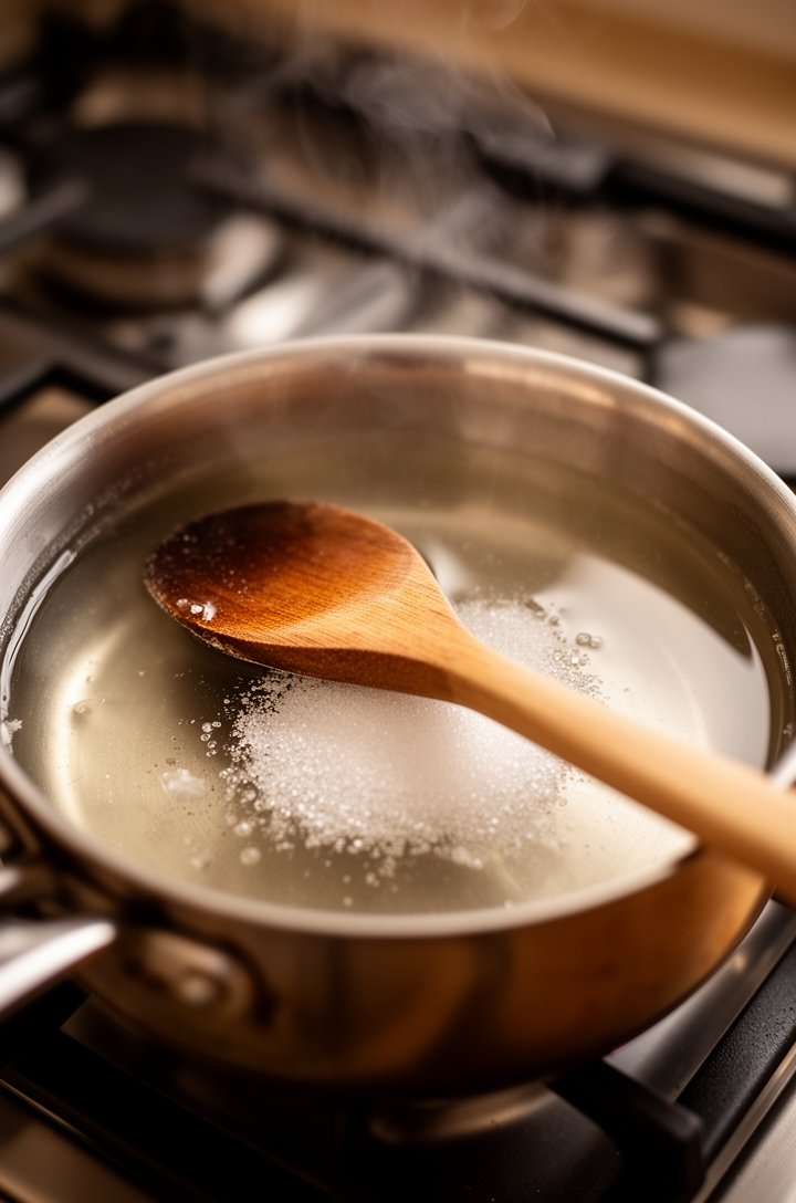 Close-up 30-degree angle of a small saucepan on a stovetop with clear simple syrup gently simmering, a wooden spoon resting across the pan, sugar fully dissolved into crystal-clear liquid, soft steam 