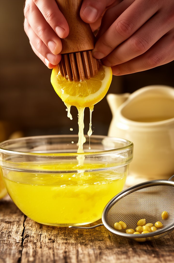 Close-up macro shot of hands squeezing a lemon half on a wooden citrus reamer over a glass bowl, bright yellow juice streaming down with visible pulp, lemon seeds caught on a fine mesh strainer nearby