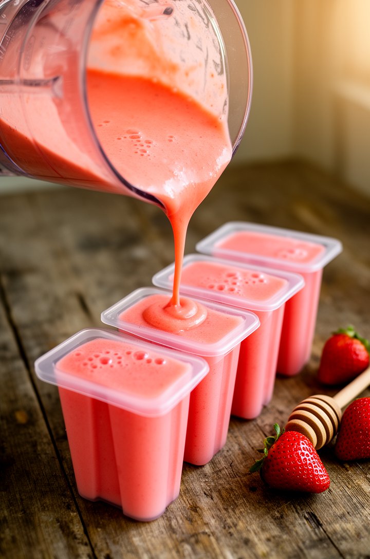 Close-up 30-degree angle of a blender jar filled with vibrant coral-pink strawberry mixture being poured in a smooth stream into a row of clear popsicle molds, three molds already filled with the brig