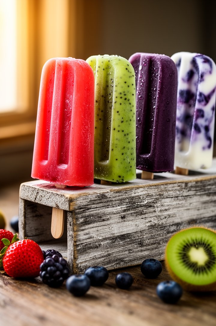 Side-angle close-up of five homemade popsicles standing upright in a rustic aged wooden popsicle holder, arranged in rainbow order from red strawberry to deep purple blueberry-yogurt, each popsicle sh