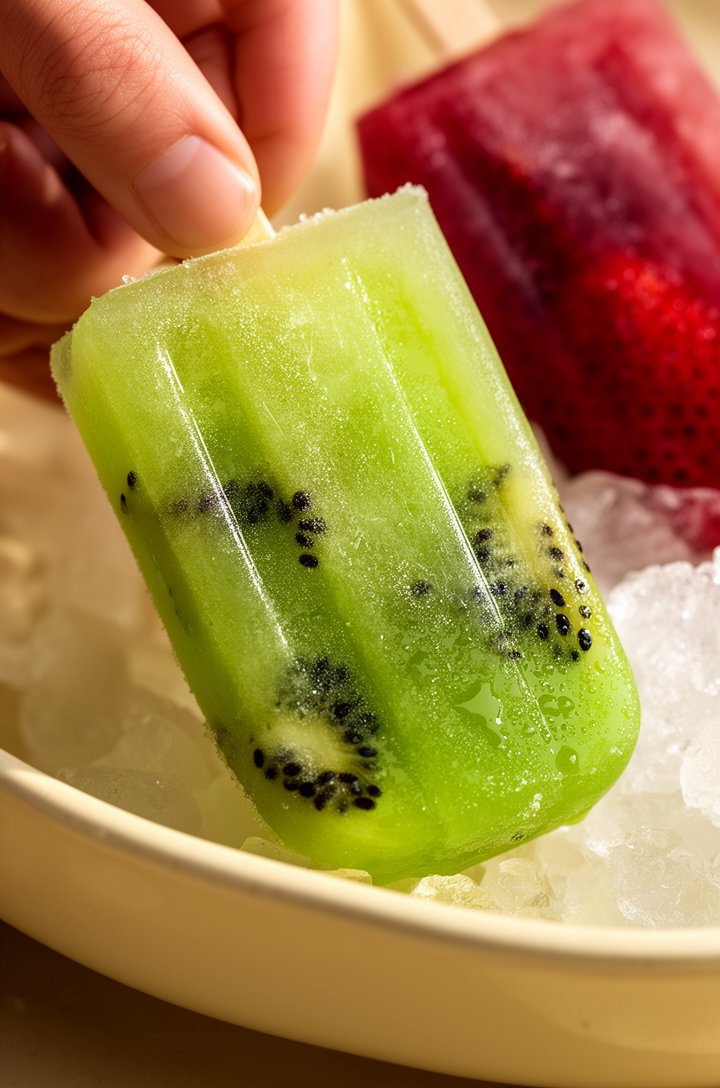 Extreme close-up macro shot of a hand gently pulling a vibrant green kiwi popsicle with visible black seeds from a mold, the popsicle glistening with a thin layer of frost, droplets of condensation on