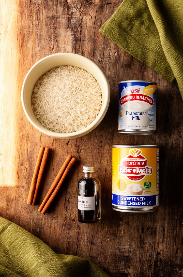 Overhead flat-lay of horchata ingredients arranged on an aged wooden board — a butter-cream ceramic bowl of uncooked white rice, two whole cinnamon sticks, an unopened can of evaporated milk, an unope