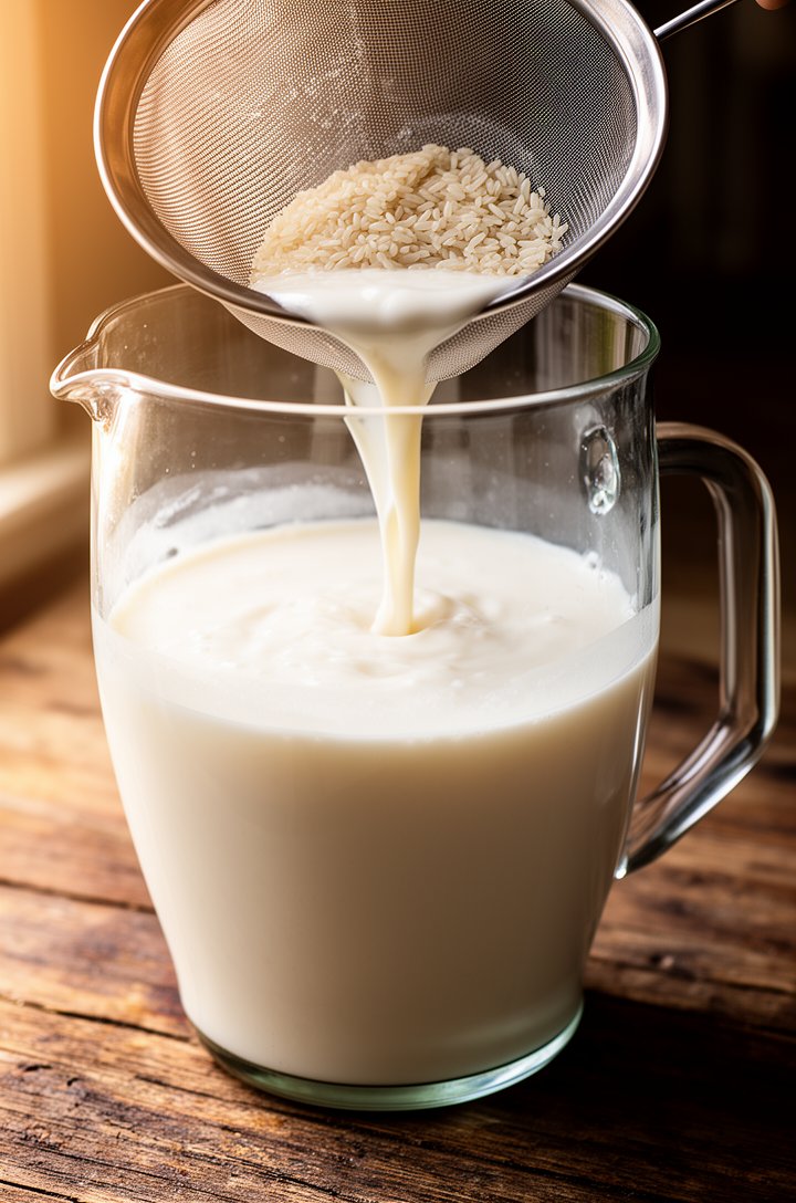 Action shot of smooth white horchata mixture being poured through a fine-mesh strainer into a large glass pitcher, visible stream of creamy liquid flowing through the mesh, rice pulp collected in the 