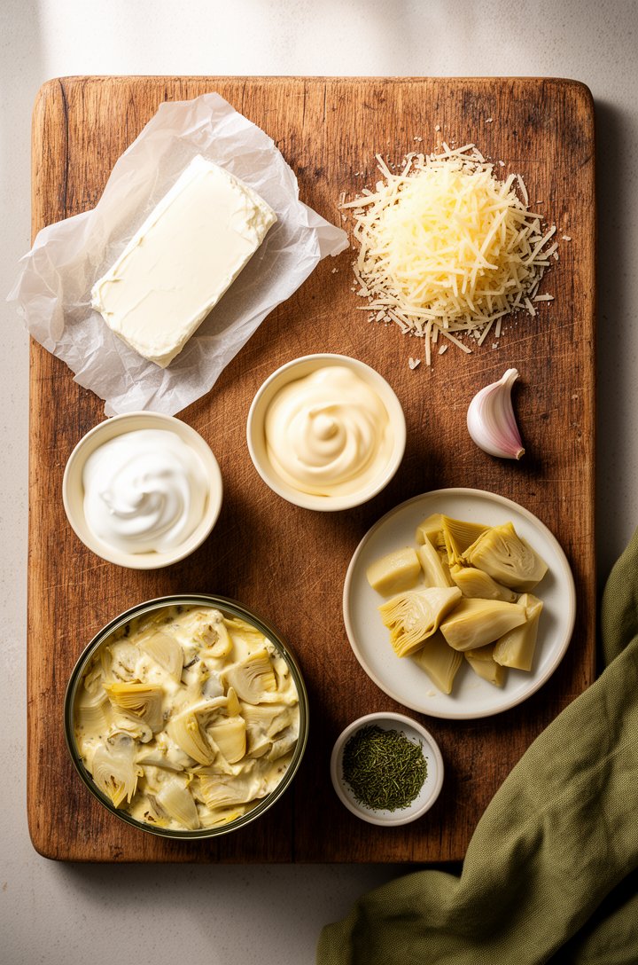 Overhead flat-lay of artichoke dip ingredients arranged on an aged wooden cutting board — a block of cream cheese on parchment, small butter-cream ceramic bowls of sour cream and mayonnaise, a mound o