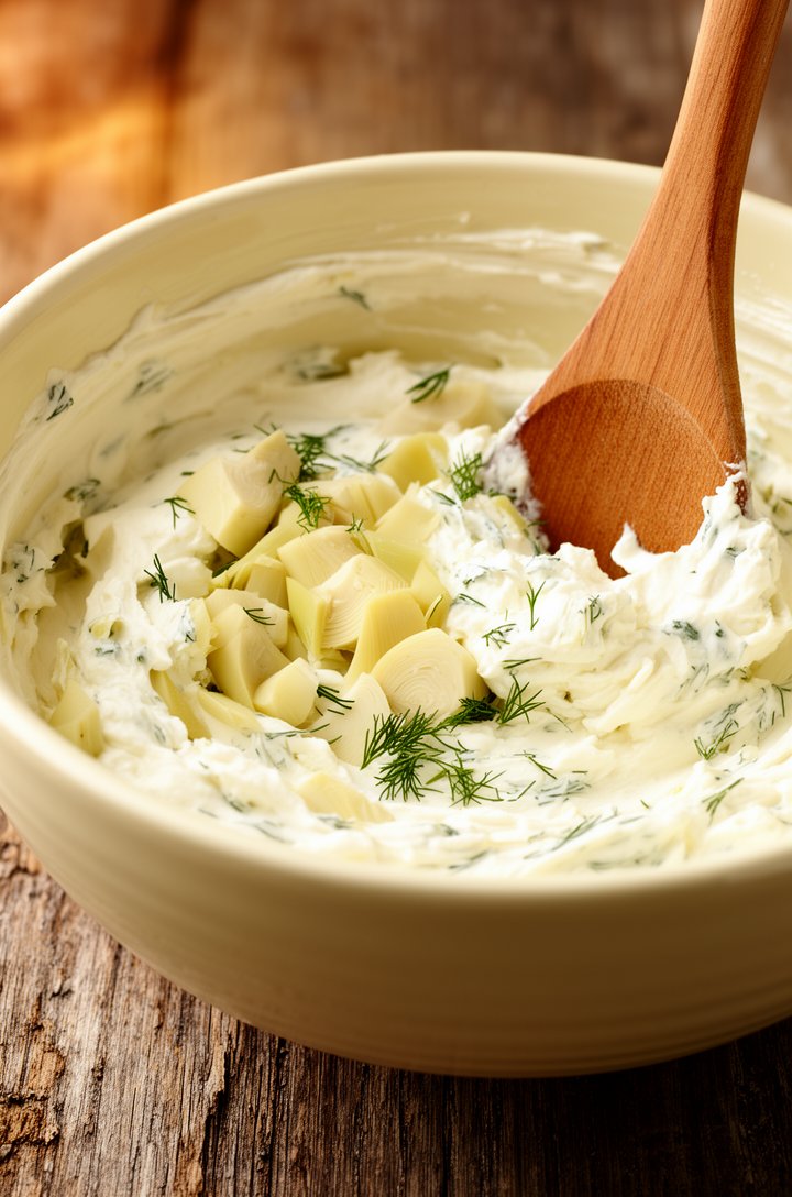 Close-up 30-degree angle of a mixing bowl with creamy white artichoke dip mixture being folded together with a wooden spoon, visible chunks of pale chopped artichoke hearts and flecks of green dill be