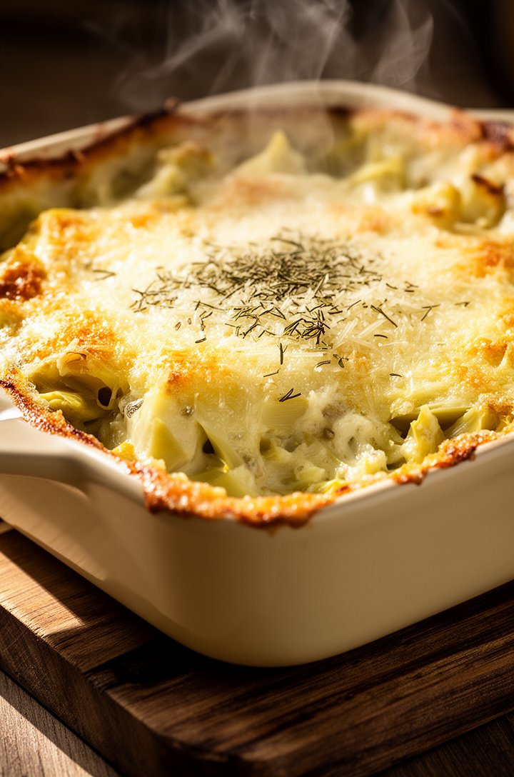 Extreme close-up macro shot of hot artichoke dip fresh from the oven in an 8x8 cream ceramic baking dish, golden-brown parmesan crust bubbling actively at the edges, chunks of artichoke visible beneat