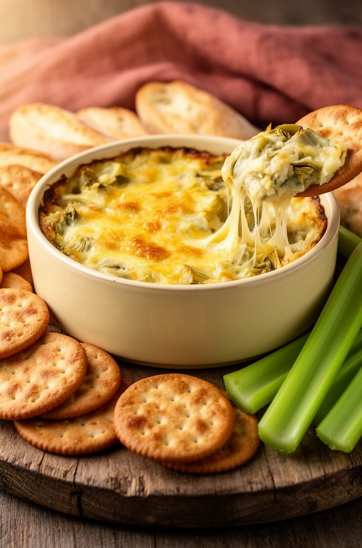 45-degree angle beauty shot of hot artichoke dip in a round butter-cream ceramic dish surrounded by an arrangement of crackers, toasted baguette rounds, and celery sticks on an aged wooden board, one 