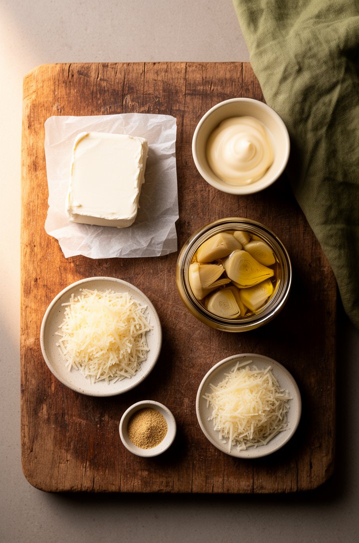 Overhead flat-lay mise en place of hot artichoke dip ingredients on an aged wooden board — a block of cream cheese on parchment, a small butter-cream ceramic bowl of mayonnaise, a jar of marinated art