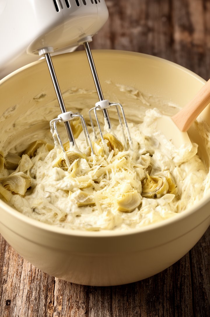 Close-up 30-degree angle of a hand mixer in a large mixing bowl with creamy pale artichoke dip mixture, visible chunks of marinated artichoke hearts and flecks of parmesan throughout the smooth cream 