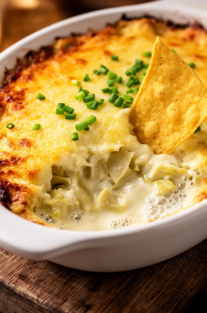 Extreme close-up macro of hot artichoke dip fresh from the oven in a white oval baking dish, golden-brown bubbly parmesan crust with visible browning at the edges, a tortilla chip being dragged throug