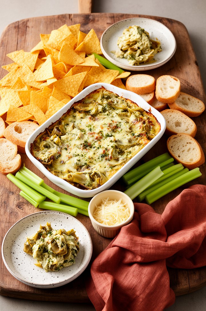 Wide 45-degree angle of the hot artichoke dip in a white baking dish surrounded by a scattered arrangement of tortilla chips, sliced baguette rounds, and celery sticks on a large aged wooden serving b