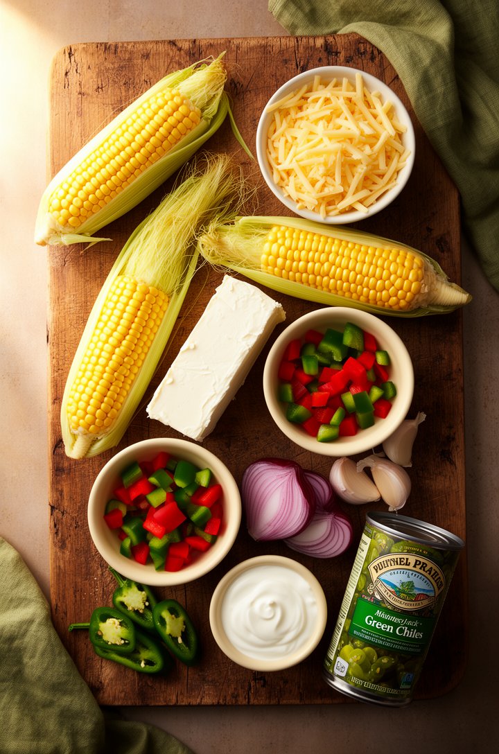Overhead flat-lay of corn dip ingredients arranged on an aged wooden cutting board — five fresh ears of corn still partially shucked, a block of cream cheese, a bowl of shredded monterey jack, diced r