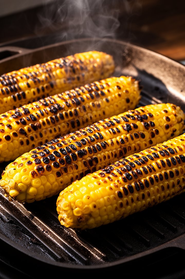 Close-up 30-degree angle of five ears of corn on a dark cast-iron grill pan, kernels showing deep char marks and blistering, some kernels still bright yellow between the blackened spots, wisps of smok