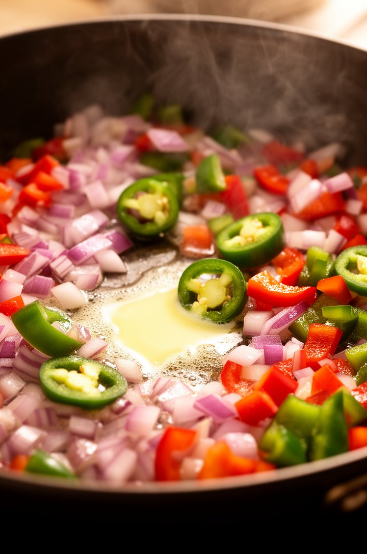 Extreme close-up of a large skillet with diced red onion, red and green bell peppers, and jalapeño sautéing in melted butter, vegetables glistening and softened with edges just turning golden, visible