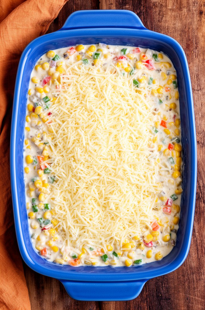 Overhead shot of the assembled corn dip in a blue ceramic 9x13 baking dish before going into the oven, creamy mixture studded with visible corn kernels and colorful pepper pieces, topped with an even 