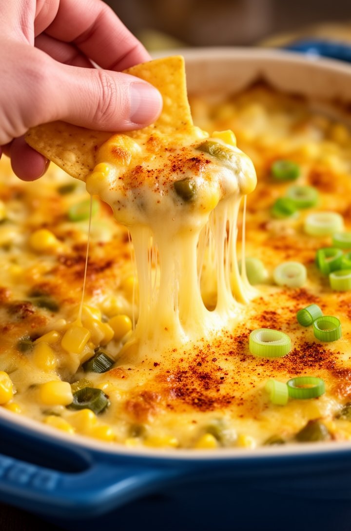 Close-up macro food photography of a hand dipping a tortilla chip into the hot corn dip in a blue ceramic baking dish, stretchy melted monterey jack cheese pulling in long golden strands, bubbly golde