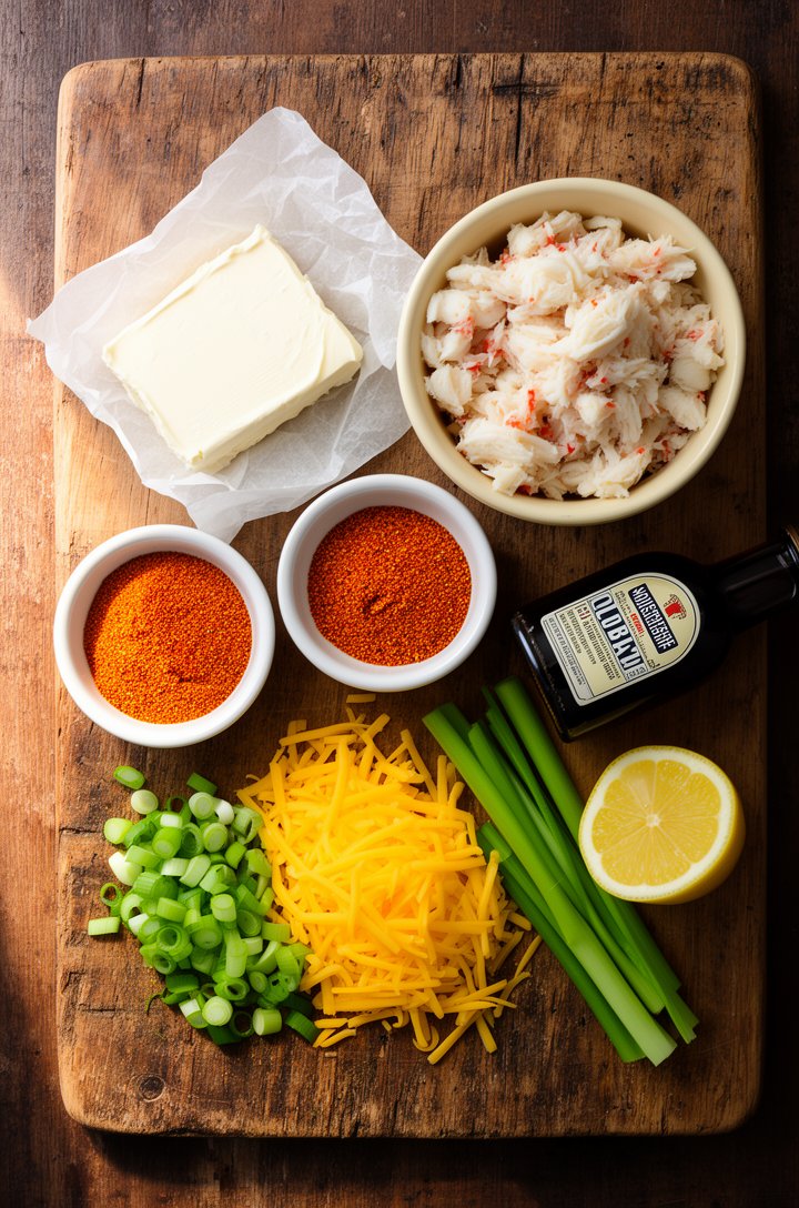 Overhead flat-lay mise en place of crab dip ingredients on an aged wooden board — a block of cream cheese on parchment, a small butter-cream ceramic bowl of lump crab meat with visible large white chu