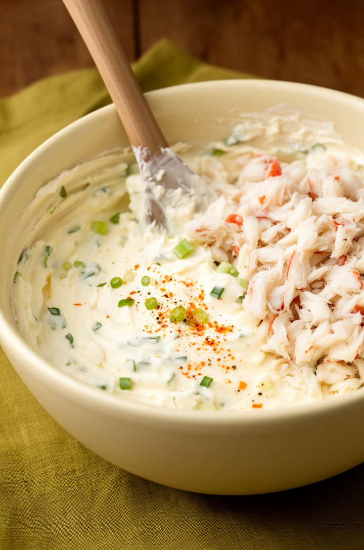 Close-up 30-degree angle of a mixing bowl with the creamy base — smooth blend of cream cheese, mayo, sour cream with visible flecks of green onion and orange Old Bay seasoning, a spatula resting in th