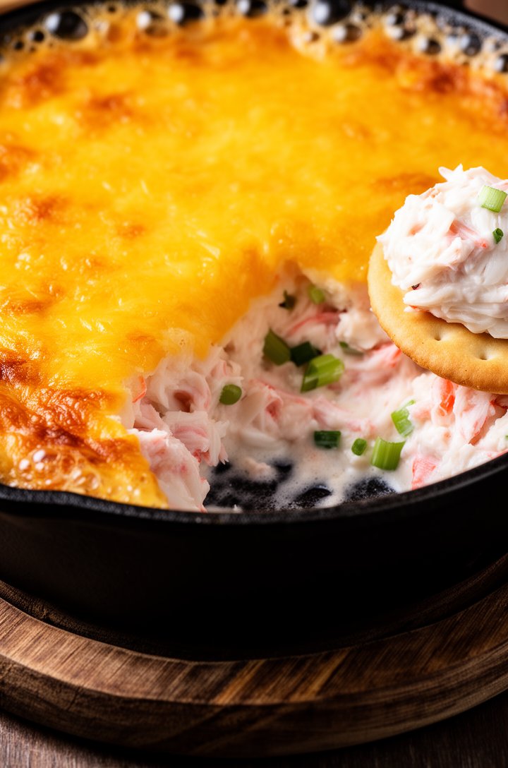 Dramatic close-up of hot crab dip fresh from the oven in a dark cast iron skillet, golden-brown bubbly melted cheddar crust on top with active bubbles at the edges, a corner scooped away revealing the